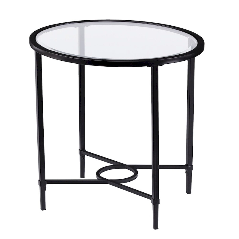SEI Furniture Quaker Metal Scrollwork Oval Side Table with Beveled Tempered Glass