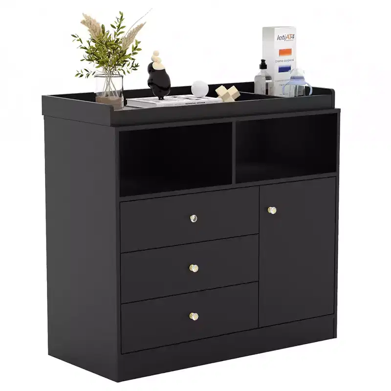 Black/White Baby Changing Table Dresser with 3 Drawers, Cabinet & 2 Shelves, Detachable Top, for 1 Child
