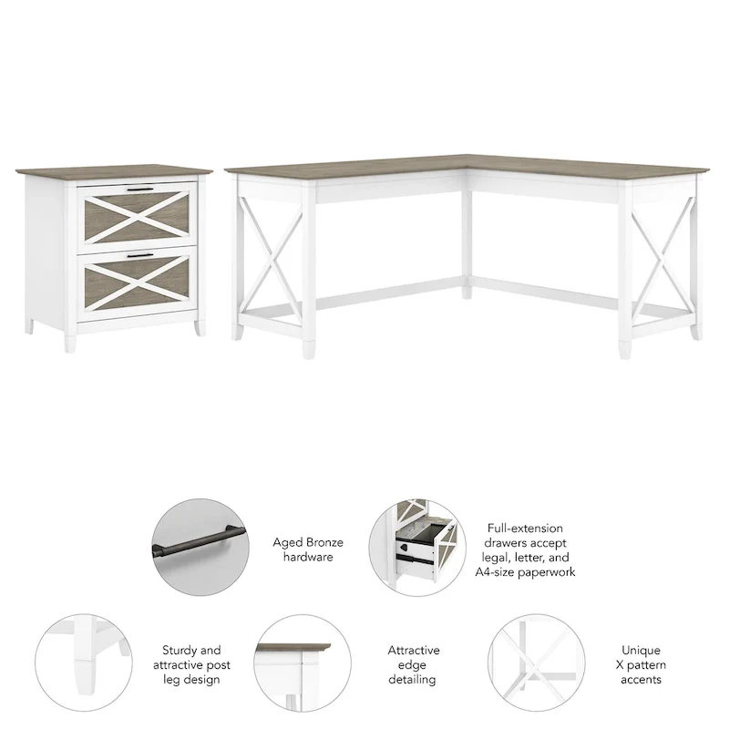Key West 60W L Desk with 2 Drawer File Cabinet by Bush Furniture