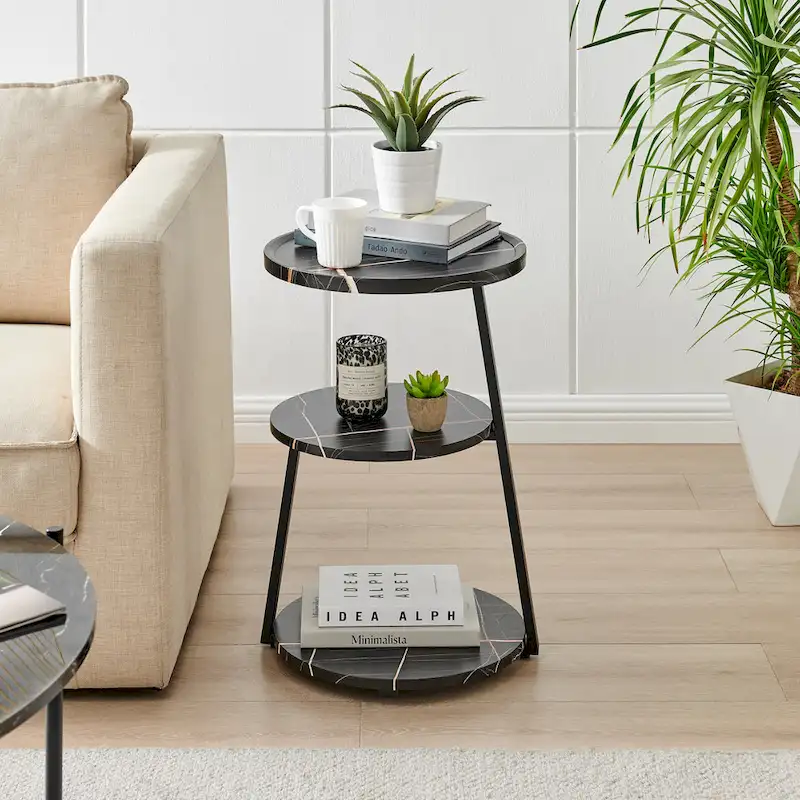 Skylar Round 3-Tier Side Accent Table with Raised Lip Edge Tabletop and Midcentury Modern Metal Asymmetric Pedestal Legs