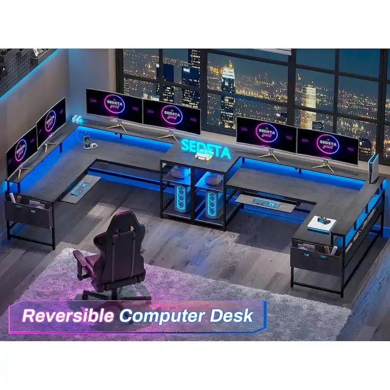 L Shaped Computer Desk Gaming Desk Keyboard Tray Power Outlets & LED