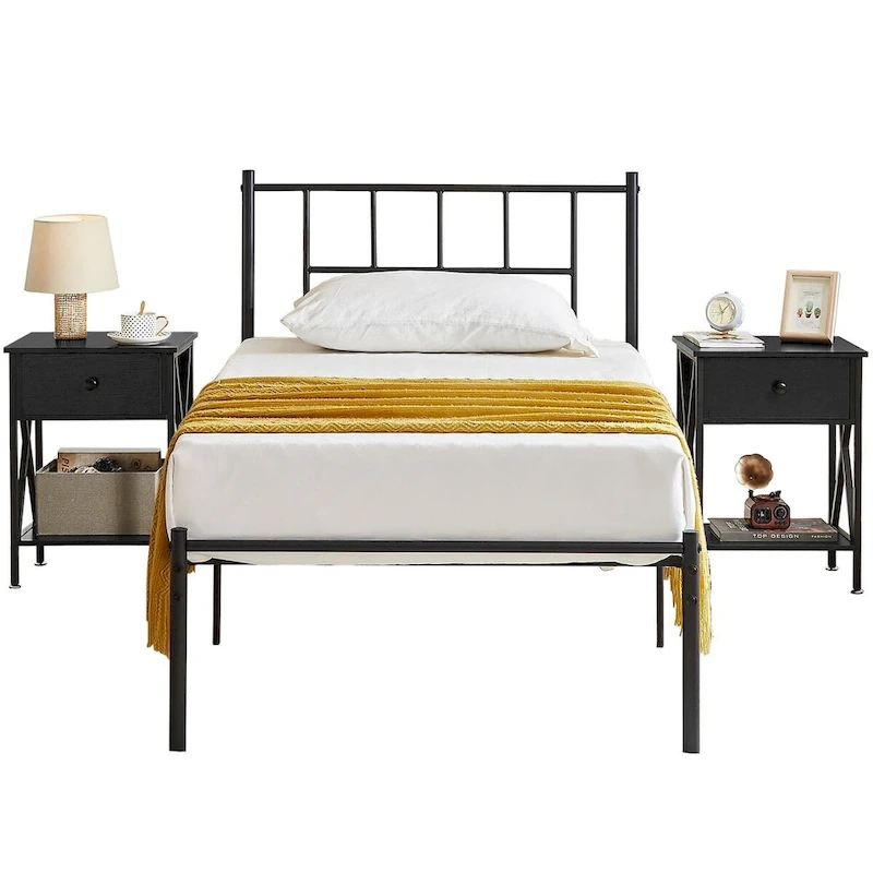 VECELO 3-Pieces Bed Frame with Wood Headboard and Modern Nightstands Set of 2