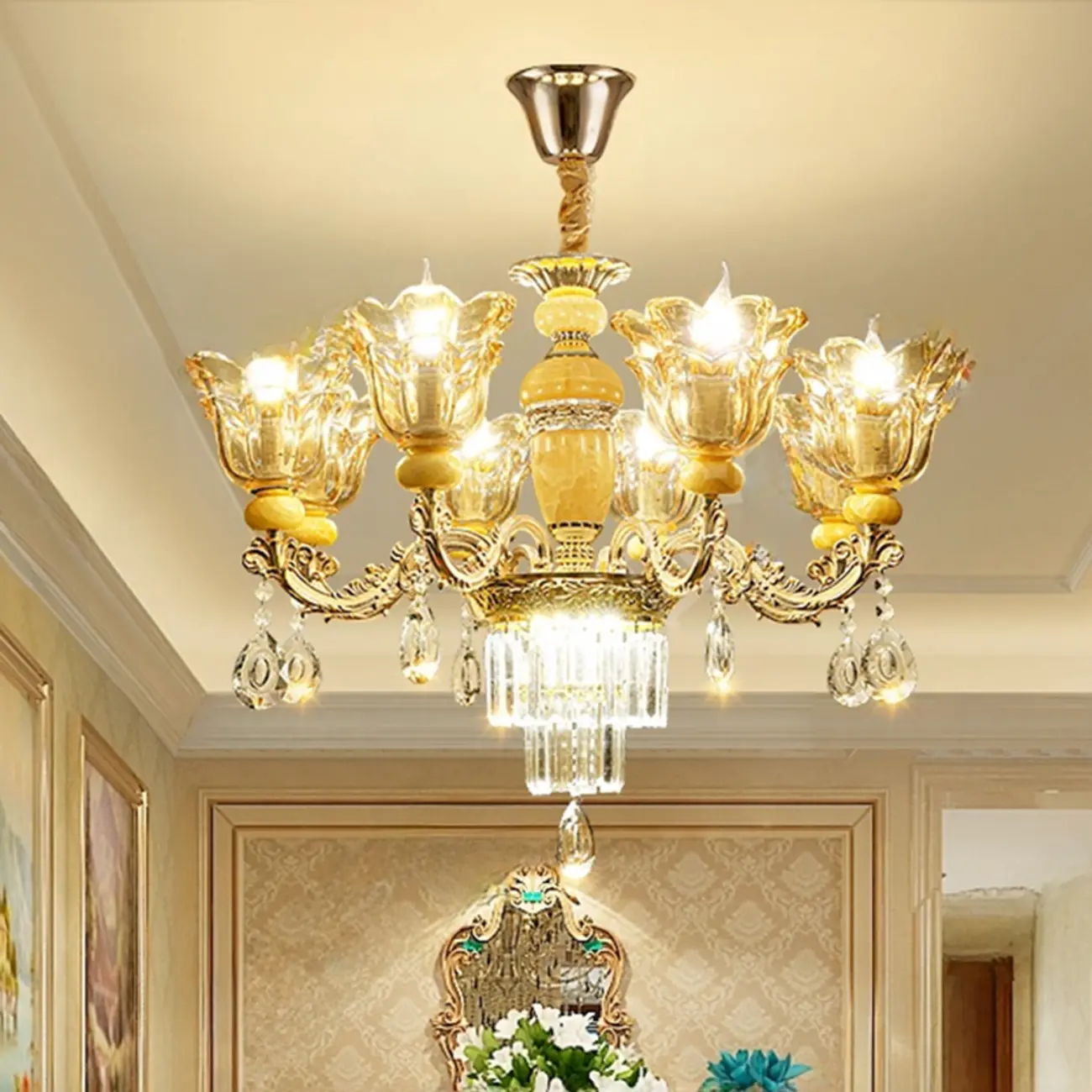 Adjustable Luxury Gold Flower Shape Clear Glass Chandelier