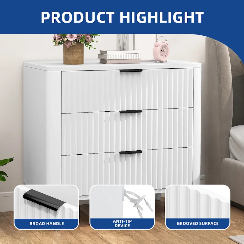 Moasis Modern Fluted 3-Drawer Dresser Chest of Drawers Natural Oak