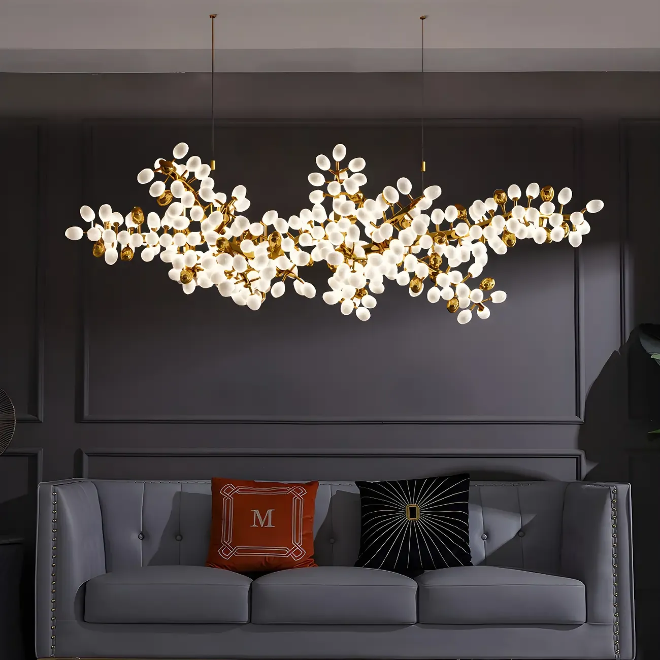 1 Tier Gold Branch White Glass Oval Cluster Pendant Light