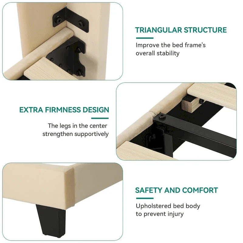 Queen Upholstered Bed Frame with Beige Velvet Headboard and Wingback