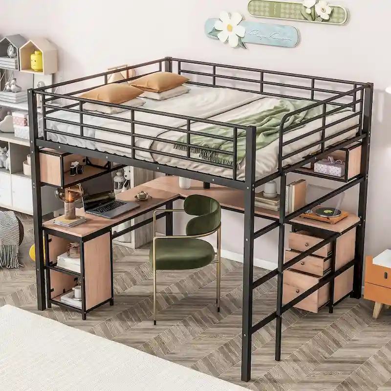 Metal Loft Bed with Bookcase, Desk and Cabinet