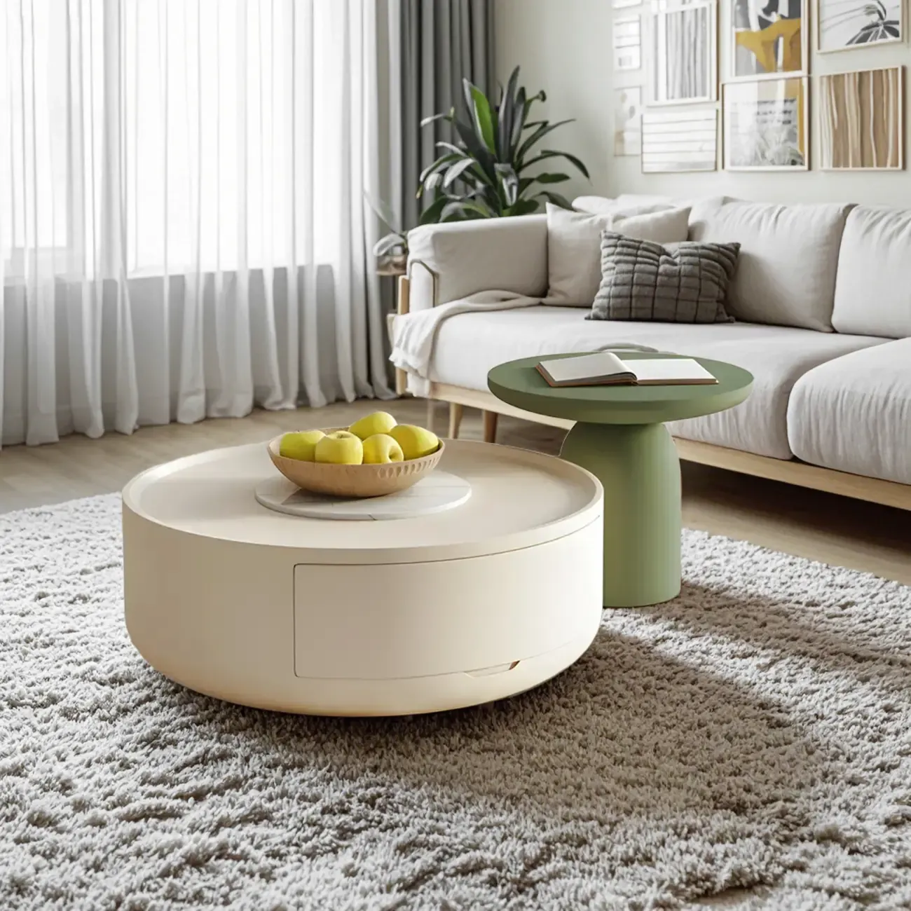 White Round Modern Drum Wood Coffee Table