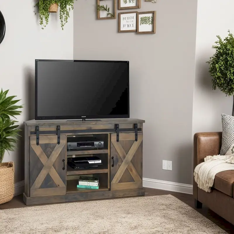 Farmhouse 56 inch Corner TV Stand for TVs up to 60 inches, No Assembly Required, Barnwood Finish