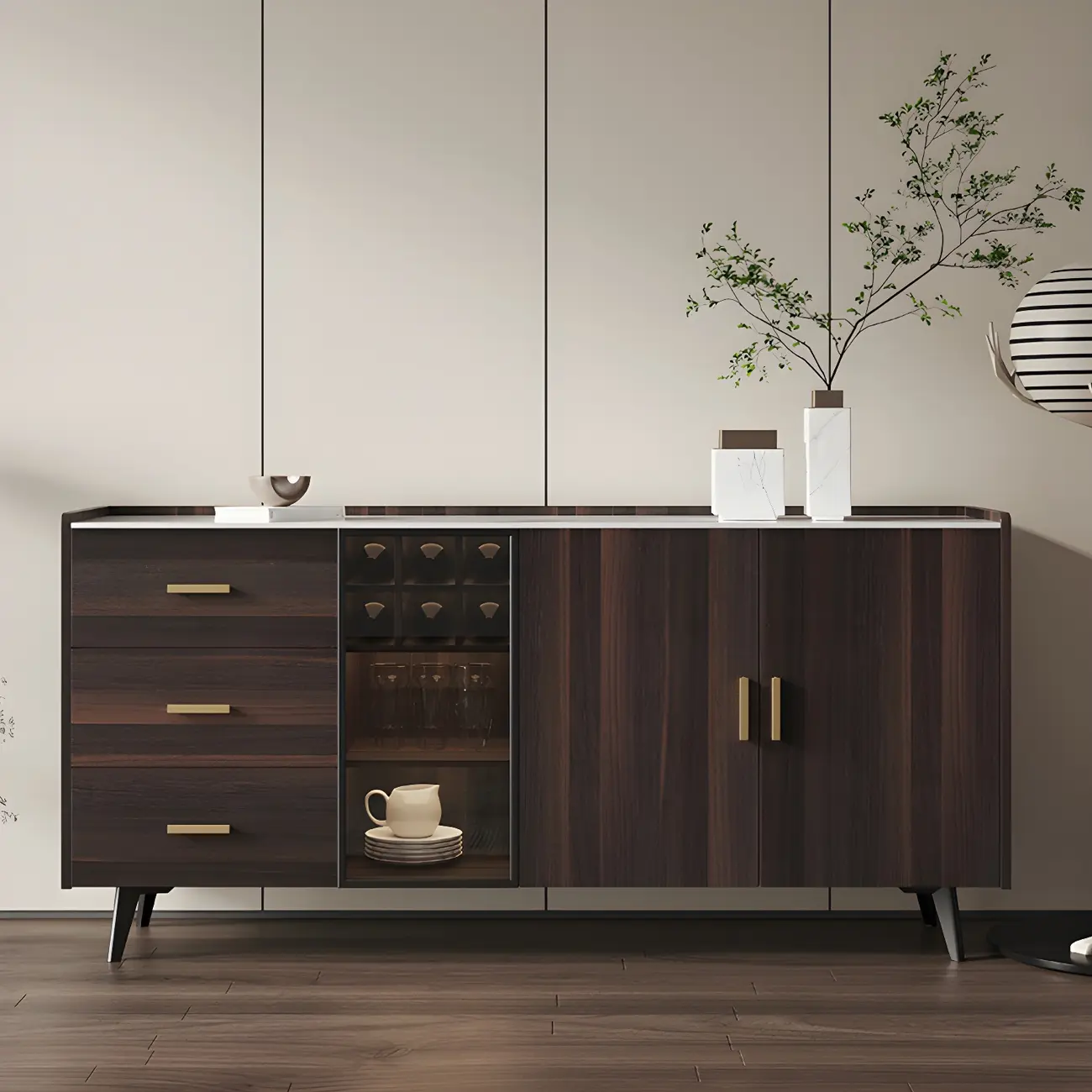 Glam Walnut Wooden Sideboard with Drawers & Cabinets