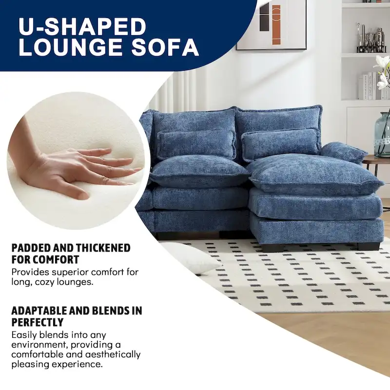 Chenille Upholstered U-Shaped Living Room Sectional Sofa With Wooden Legs