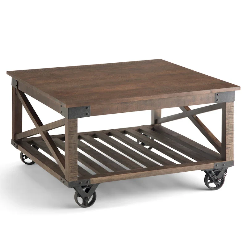 WYNDENHALL Barrie SOLID MANGO WOOD and Metal 32 inch Wide Square Industrial Coffee Table in Distressed Dark Brown - 32 x 32 x 18