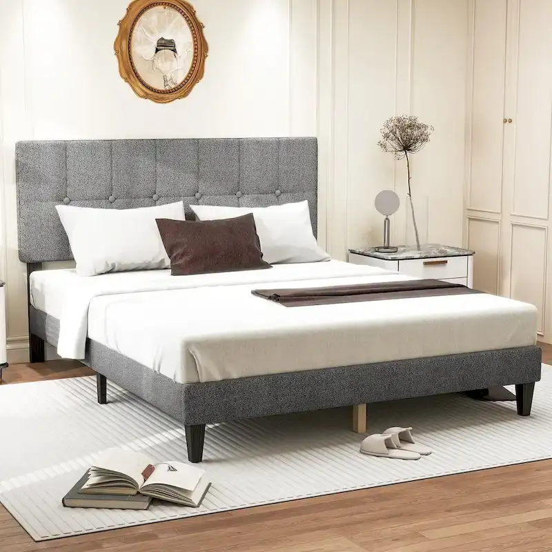 Full Bed Frame with Adjustable Headboard, No Box Spring Needed, Linen Upholstered Platform Bed Frame with Wood Slats Support