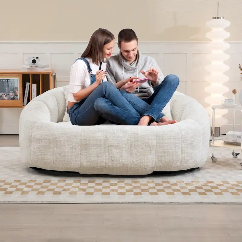 Beige 59.05 Chenille High Back Loveseat Chaise Lounge Chair