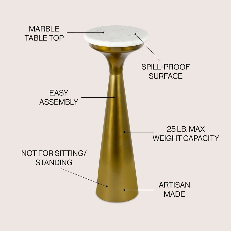 Vince 22.25 Mid-Century Glam Retro Metal Drink Table with Marble Top, Gold/White, by JONATHAN Y