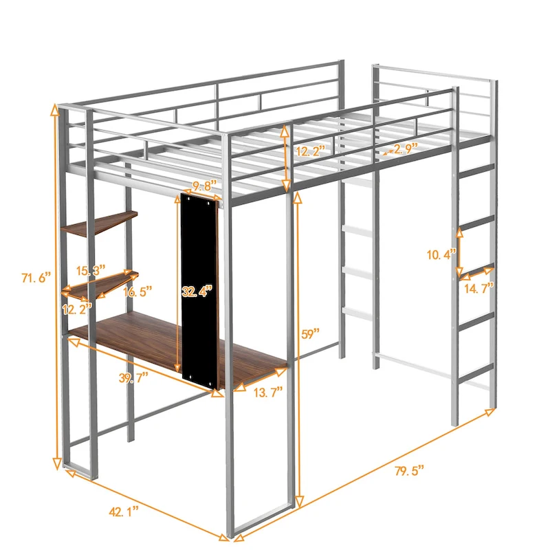 Twin Metal Loft Bed with Ladder, Fence & Desk