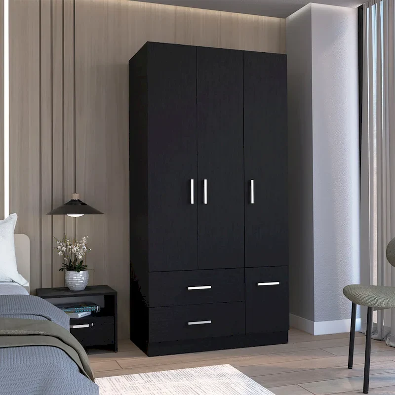35.4 Modern Four-door Armoire with 2 Drawers, Six Shelves and Hanging Rod
