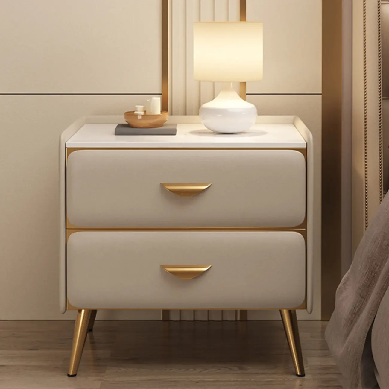 Elegant Stone Top Gold Accents Nightstand with 2 Drawers