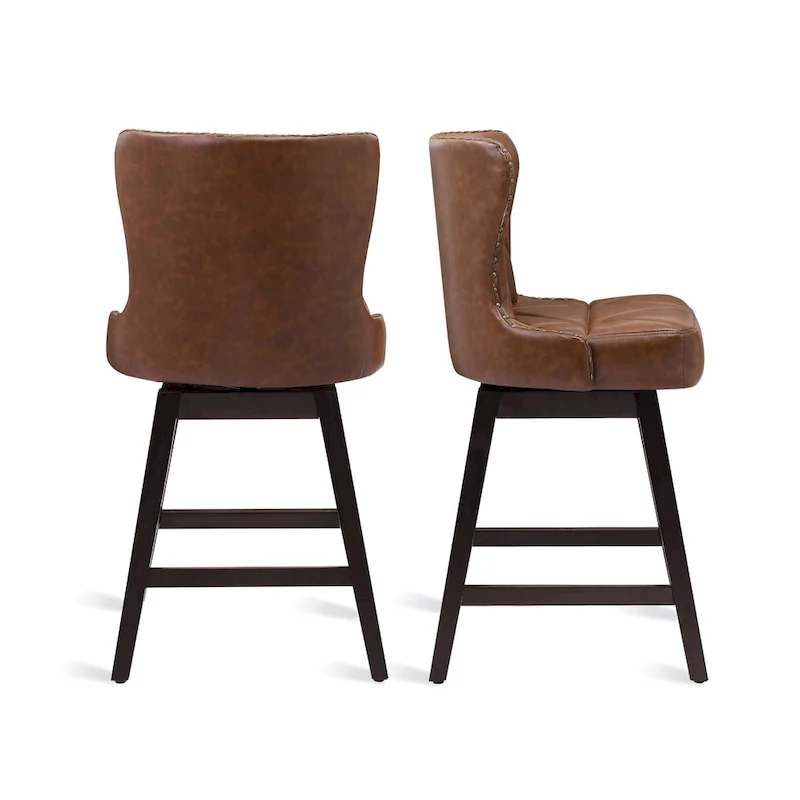 LUE BONA 26 in. Mid-Century Modern Wood Frame Swivel Bar Stools with Faux Leather and Linen Upholstered SeatSet of 4