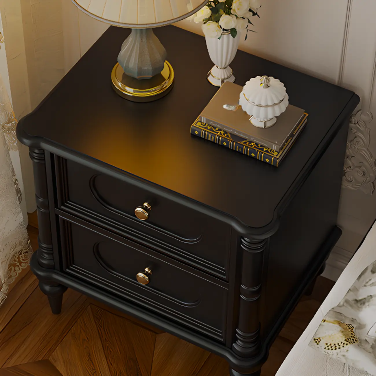 Traditional Black Wood 2 Tiers Drawer Nightstand