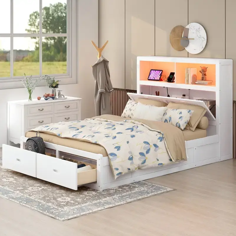 Wood Queen Size Hydraulic Platform Bed with LED and Charging Station