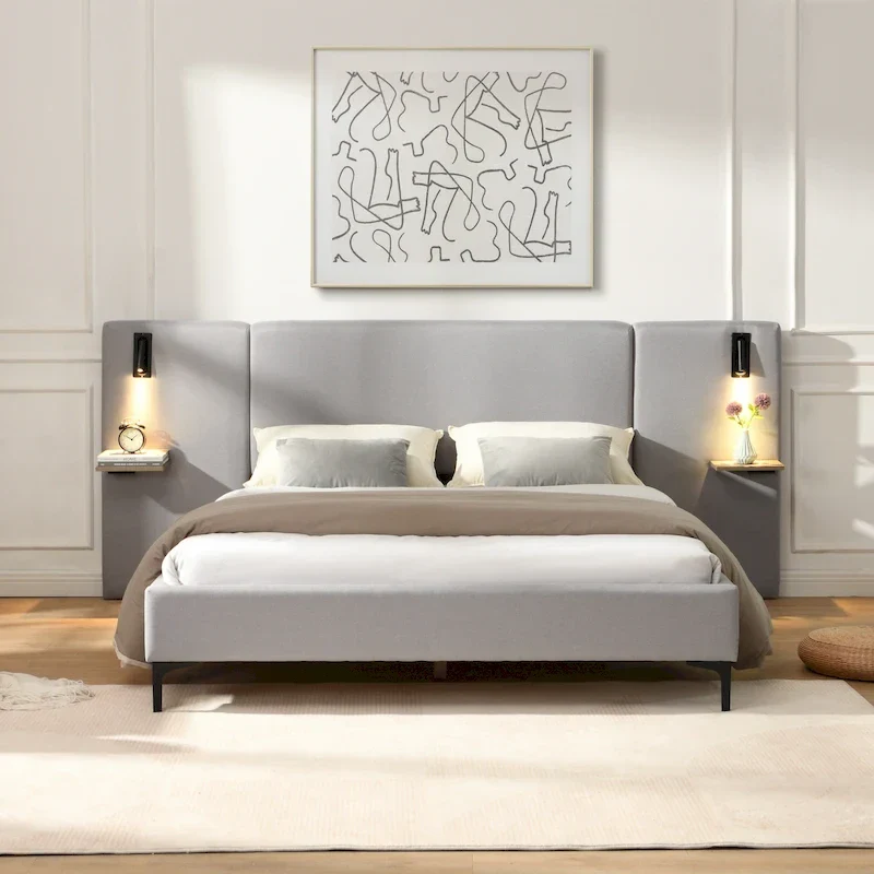 Grey Linen Platform Bed Upholstered Wingback Big Frame Bed with Bedside Lights and Shelves Storage Bed, Chic Panel Bed