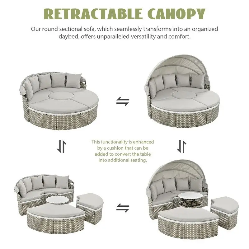 Round Patio Sectional Sofa Set  Two-Tone Rattan Daybed with Retractable Canopy & Modular Seating