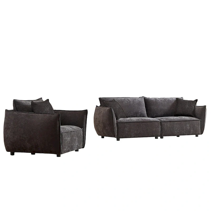 2-Pieces Linen Fabric 4-Seat Modular Sofa Set with 3+1 Seater Combo and Wooden Frame & 3 Pillows