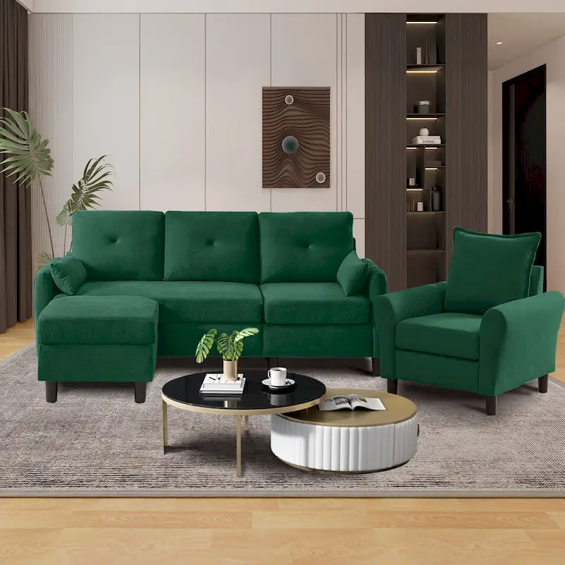 3-Pieces Sectional Sofa Set with Ottoman and Chair