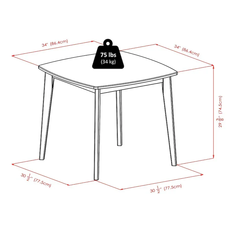 Solid Wood Dining Table - Walnut, 34.02 x 34.02 x 29.33 Inches