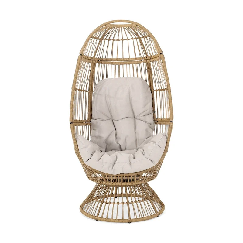 Oaks Aura Abstract Mesh Design Wicker Chair, Handcrafted Woven Rattan Swivel Egg Shape Chair, Basket Shape Chair With Cushion