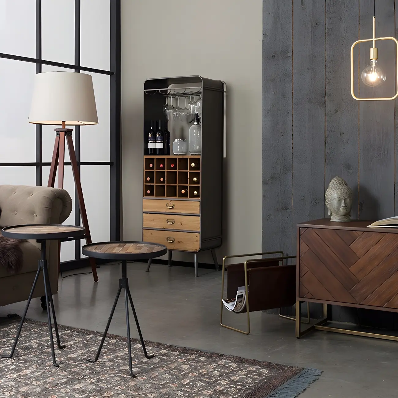 Industrial Brown Wood Wine Rack with Glass Holder and Drawers