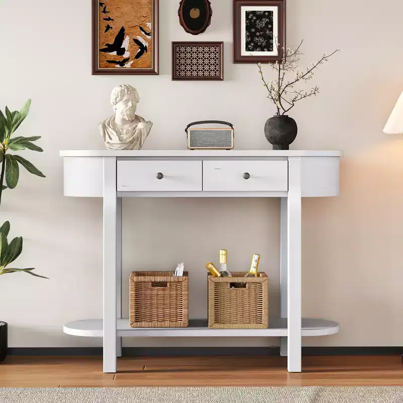 Brown Oval Console Table with Drawer & Open Shelf, 1-Person Assembly, 40