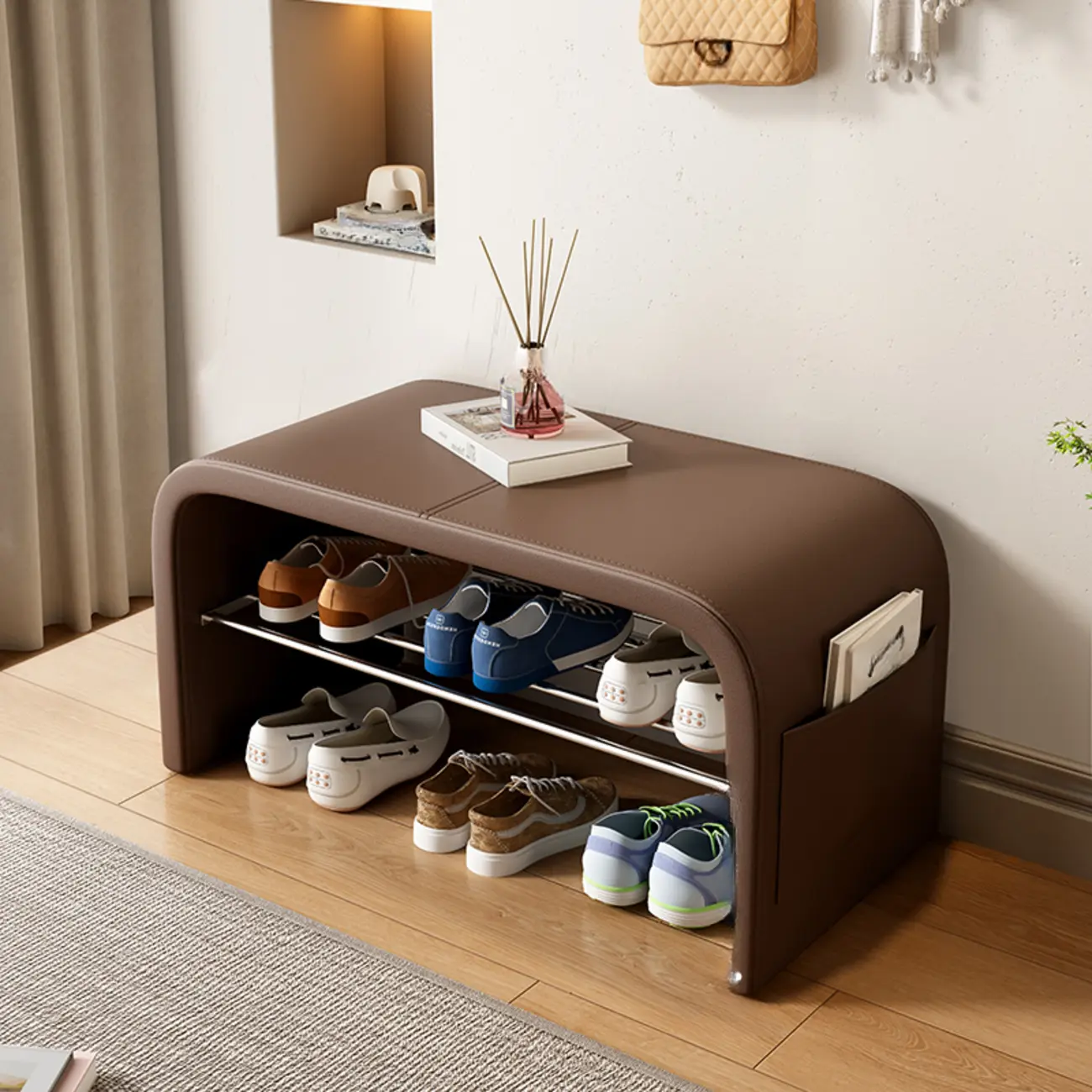 Arched Faux Leather Cushioned Storage Entryway Bench