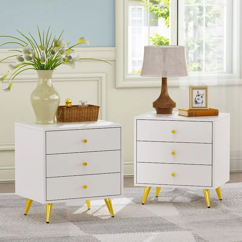 White Nightstands Bedside Table End Table Gold Metal Legs1 Pcs