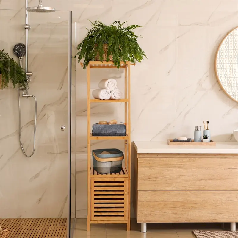 Natural Wood Bamboo Tall Slim Storage Cabinet with 1 Door, 3 Shelves & 3 Hooks