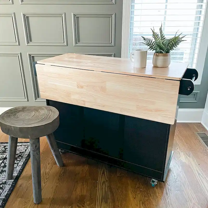 Kitchen Island Cart with Drop-Leaf and Rubber Wood Top, Rolling Kitchen Trolley Cart Cabinet