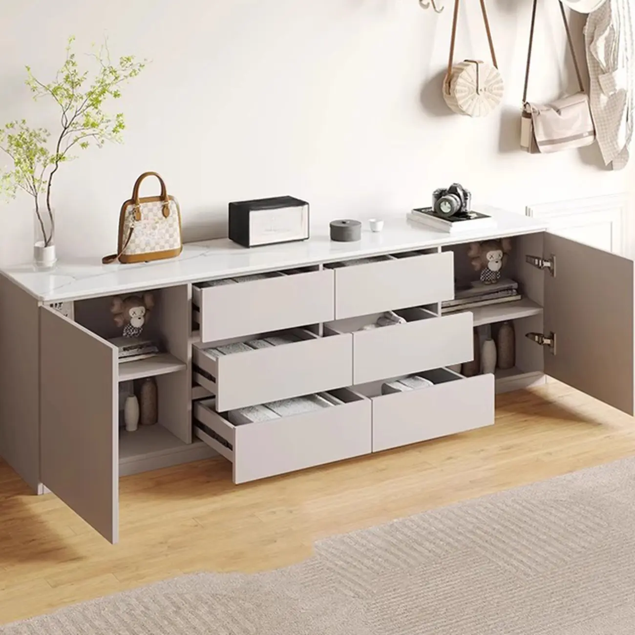 Modern Long White Wood TV Stand with Drawers