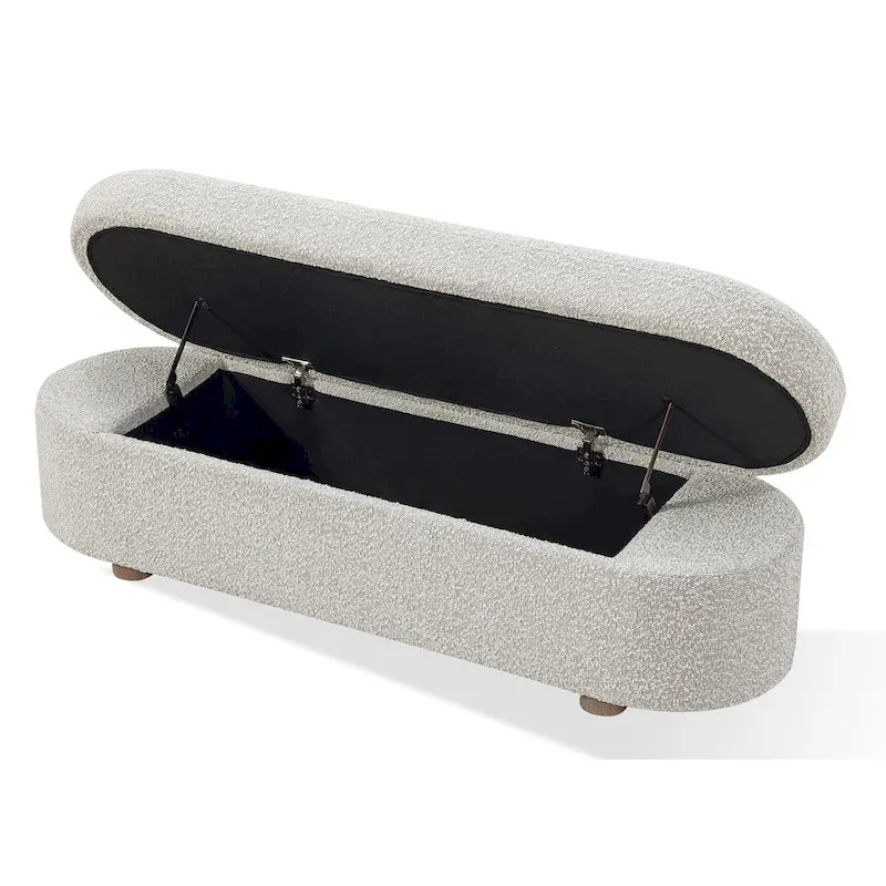 Upholstered Hinged Storage Bench in Cotton Ball Boucle - 16 x 54 x 20