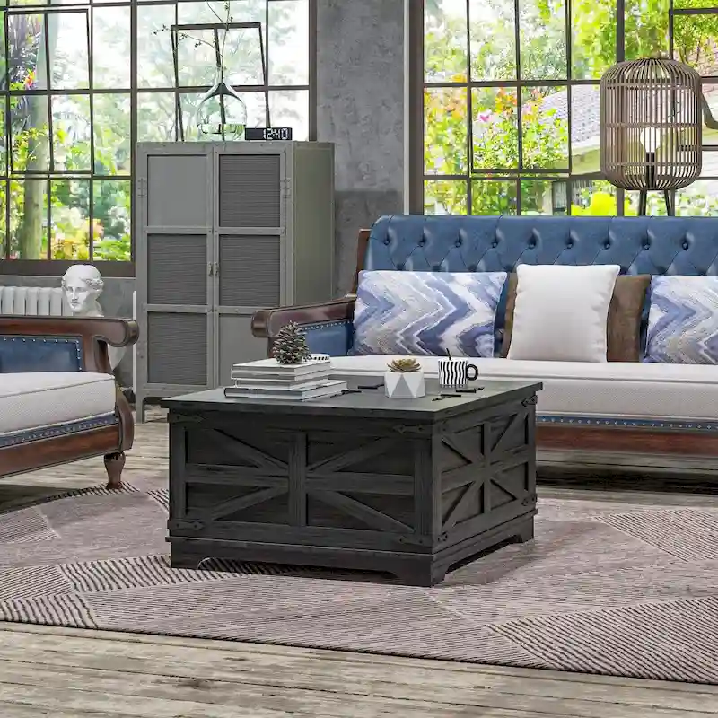 HOMCOM Farmhouse Coffee Table with Storage, Center Table with Hinged Lift Top and Hidden Space, Square Coffee Table