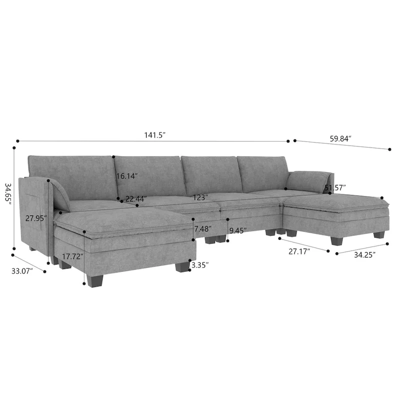Christopher Knight Home - Noah 141.5  U-Shaped 6-Seater Sofa Couch with Movable Ottoman and Armrest Pockets, Fabric Upholstery