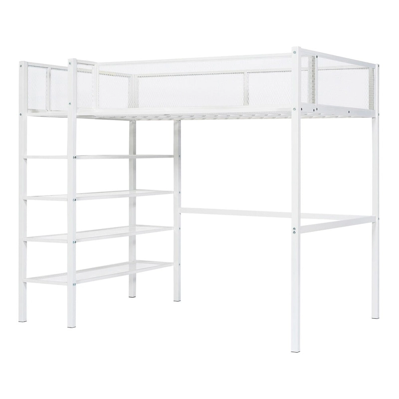 White Twin Metal Loft Bed with Shelves, Workstation, Guardrail