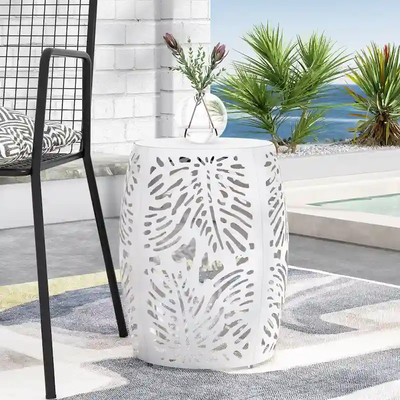 Metal Patio End Table,Round Side Table with Hollow Drum Design,Accent Table for Outdoor and Indoor Use