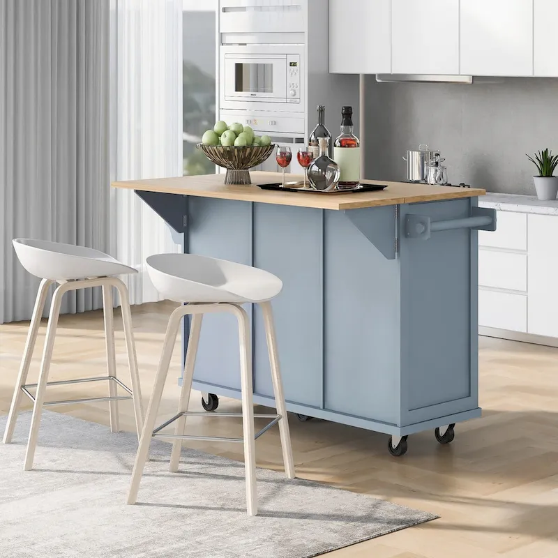 Kitchen Cart With Rubber Wood Drop-Leaf Countertop