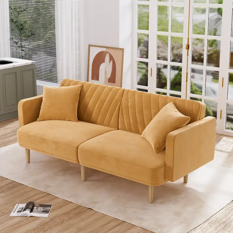 Upholstered Tufted Convertible Futon Sofa Bed, Velvet Sleeper Couch, 3 Seater Tufted Sofa with Adjustable Backrests