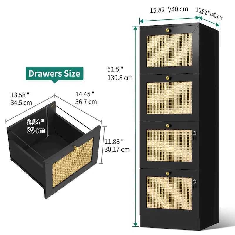 Moasis 15-inch Deep 4 Drawers Rattan Vertical File Cabinet with Lock