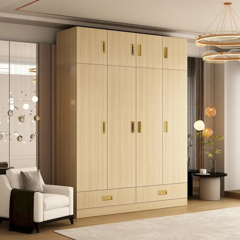 Wardrobe Closet Cabinet with Gold Handles and Optional Top Cabinet