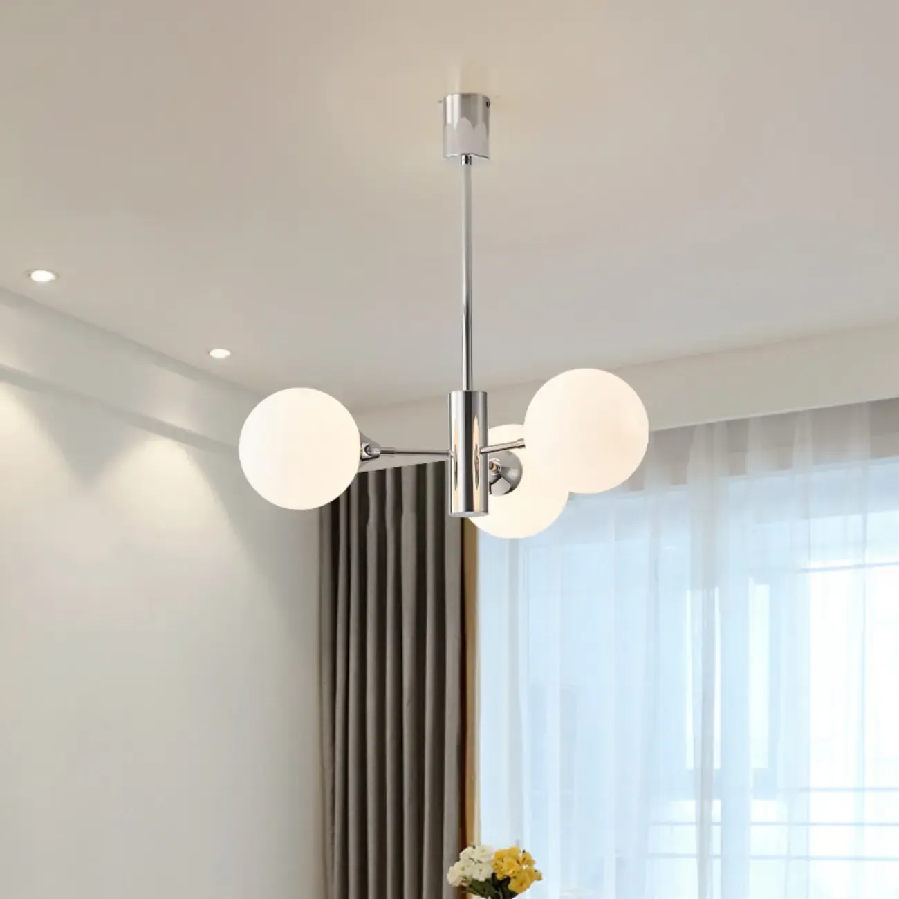 Modern Silver Sputnik Chandelier with White Globe Glass