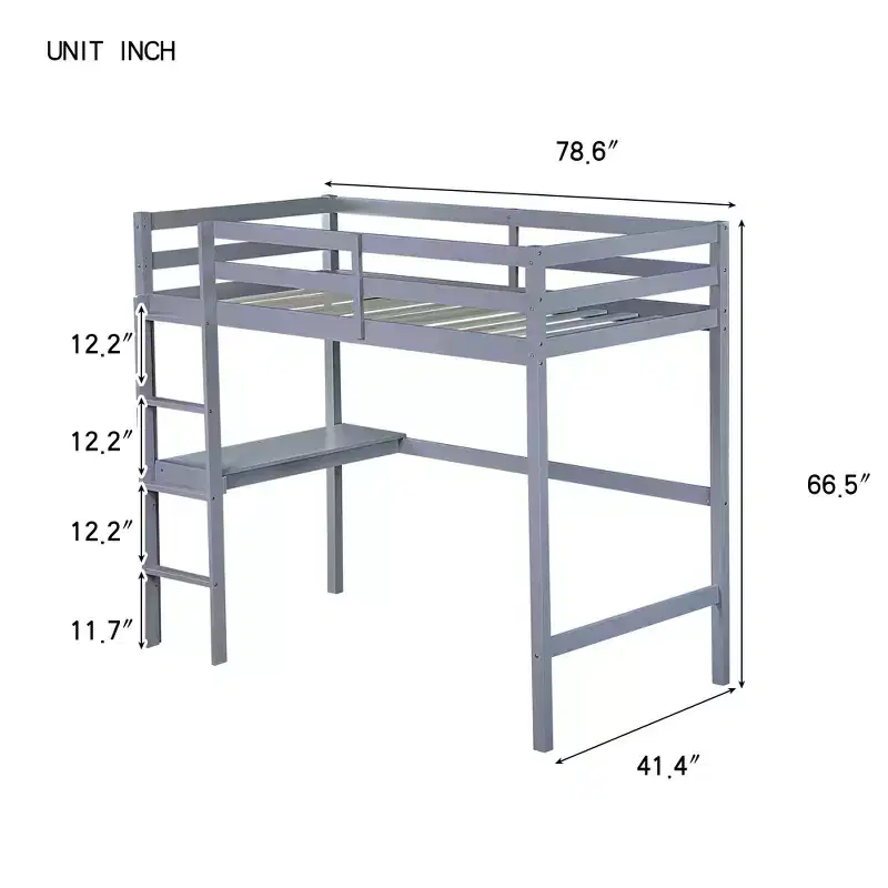Bellemave Twin Loft Bed with Desk,Loft Bed for Kids, Boys, Girls,Wooden Loft Bed Frame,Built in Desk and Ladder, GrayRubber Wood