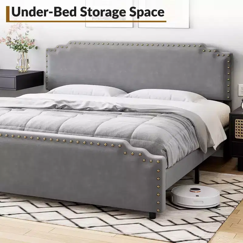 King Bed Frame with Tufted Headboard, Strong Wooden Slats & No Box Spring Required